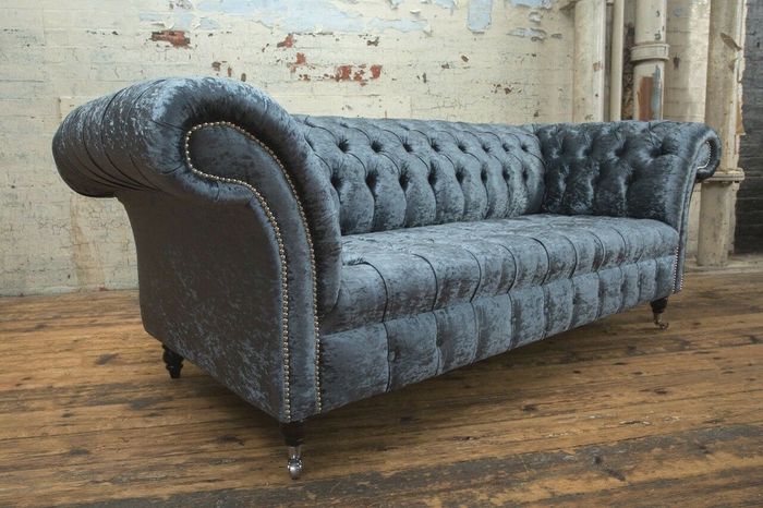 Wohnzimmer Chesterfield Sofa Couch Design Textil Couchen Sofas Dreisitzer Grau
