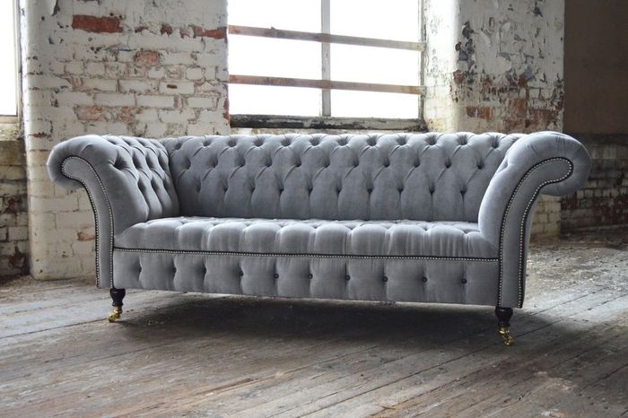 Graue Chesterfield Sofa Couch Design Polster Sofas Couchen Stoff Textil Leder