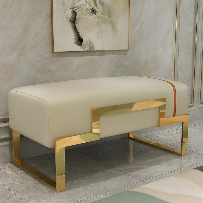 Hocker Polsterhocker Fuß Möbel Wohnen Sitzbänke Sitz Leder Beige Design Leder