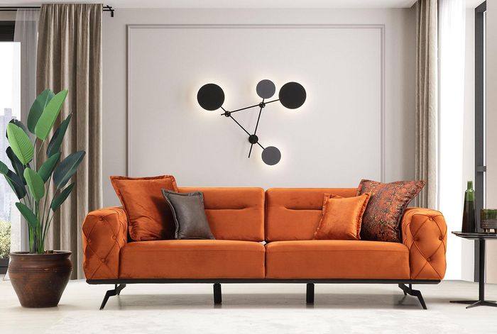 Dreisitzer Couch Orange Sofa 3 Sitzer Polster Stoffsofa Chesterfield