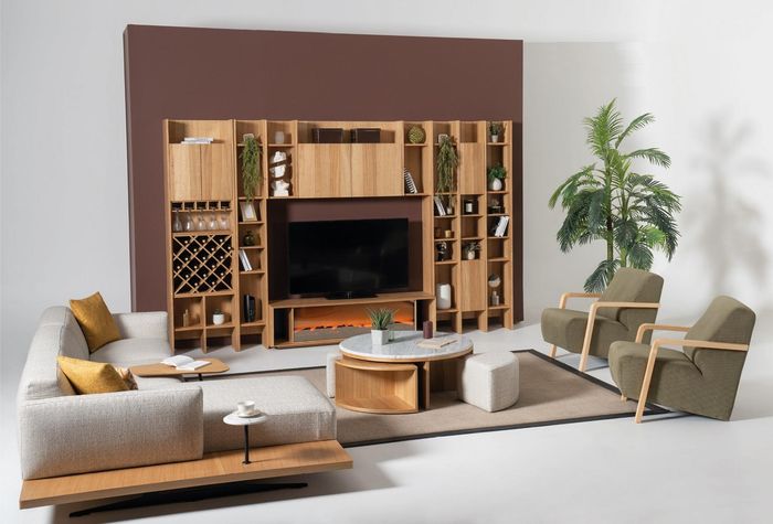 Wohnzimmer Wonwand Holz Luxus Garnitur neu Stil Modern Luxus braun
