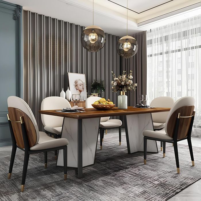 Tisch Esszimmer Garnitur Esstisch Stuhl Set 7tlg. Leder Edelstahl Lehn Stühle