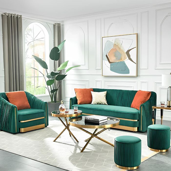 Designer Couch Polster Sitz Garnitur Sofa Garnituren Samt 3+2+2 Sitzer Hocker