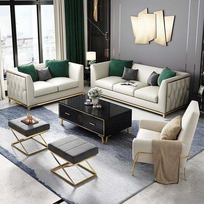 Sofa Polster Sitz Couch Garnitur Stoff Wohnzimmer Sofas Set 2tlg Hocker 3+1 Neu