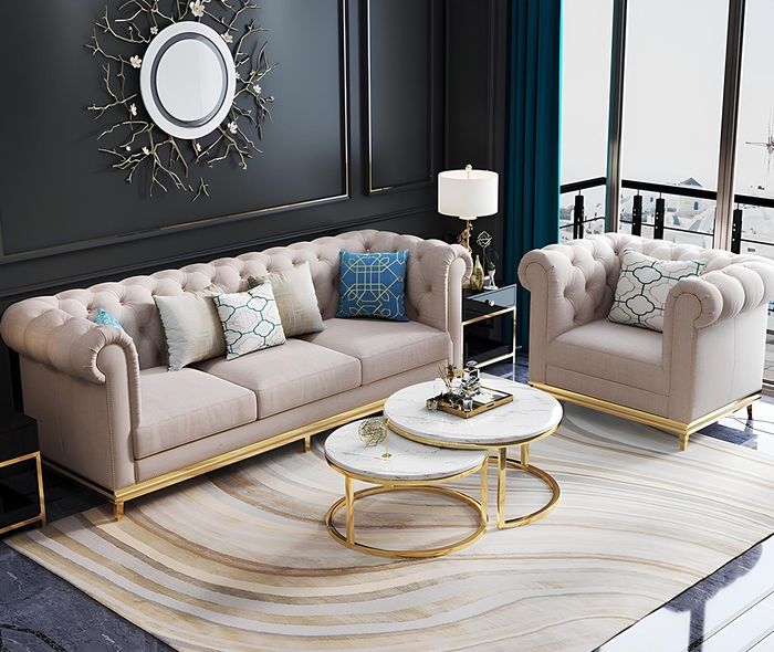 Chesterfield Edelstahl Couch Polster Sitz Garnitur Sofa Wohnzimmer 3+1+1 Textil