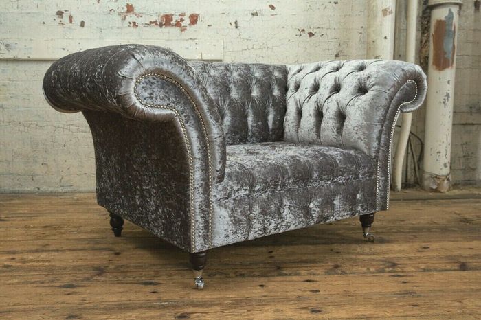 Sessel Polster Möbel Chesterfield Couch Textil Leder Stoff Sofa Einsitzer Silber