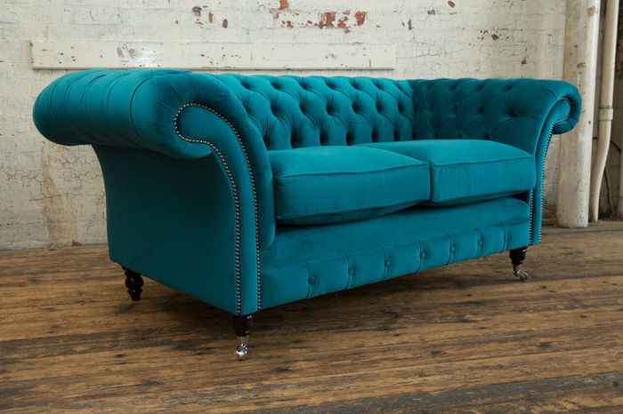 Chesterfield Sofa 2er Polster Designer Couchen Sofas Garnitur Türkis Samt Neu