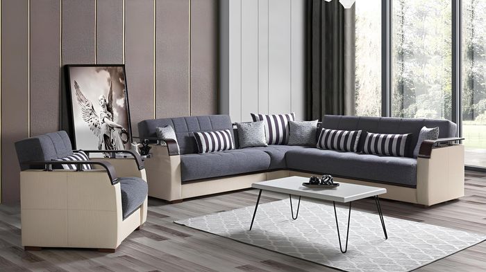 Ecksofa L-Form + Sessel Grau Komplett Wohnzimmer Set 2tlg. Luxus Möbel