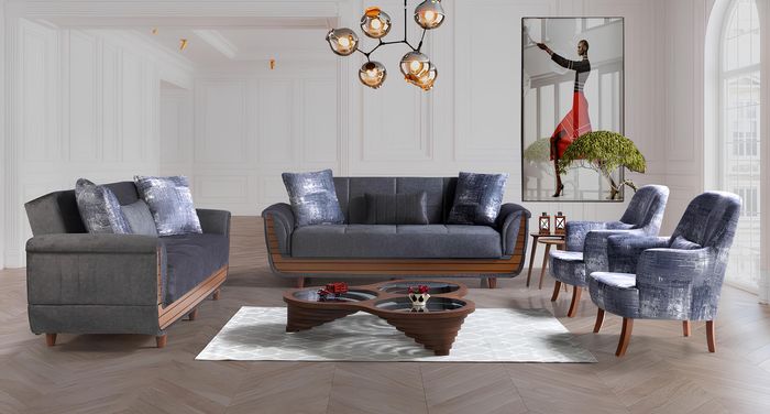 Sofagarnitur 3+2+1+1 Holz Wohnzimmer Luxus Sofa Modern Stoff Komplett Modern