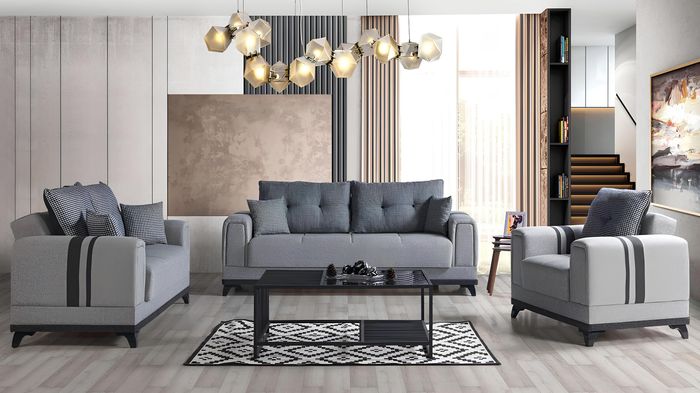 Graue Sofagarnitur 3+2+1 Sitzer Textil Holz Sofa Sessel Komplett Set