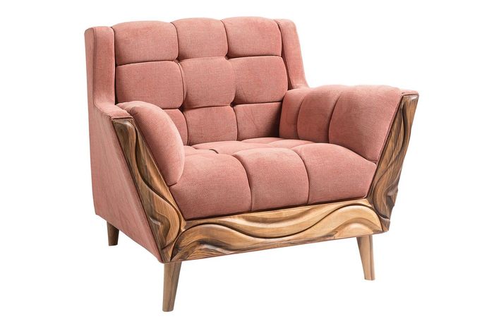 Moderner rosa Stoffsessel aus Holz für stilvolles Wohnzimmer