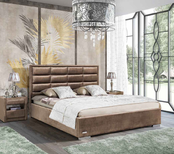 Designer Bett Schlafzimmer Betten Textil Leder Hotel Luxus Polster Samt Beige