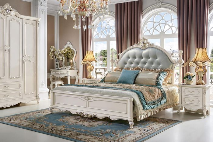 Luxus Schlafzimmer Bett Doppelbett Echte Handarbeit Echtholz Leder Betten