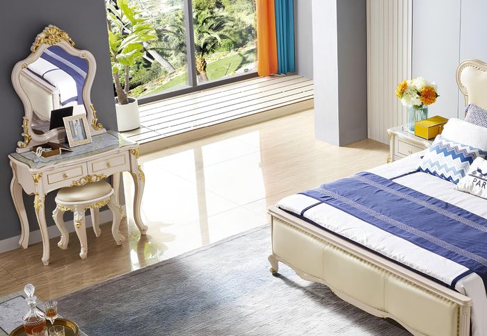 Schminktisch Tisch Schlafzimmer Hocker Spiegel Echtholz Garnitur Designer Möbel