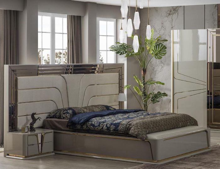 Garnitur Schlafzimmer Doppelbett Luxus Bett Modern Beige Set 3tlg Neu