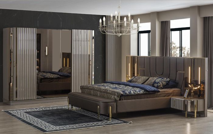 Garnitur Schlafzimmer Doppelbett Luxus Bett Modern Braun Set 4tlg Neu