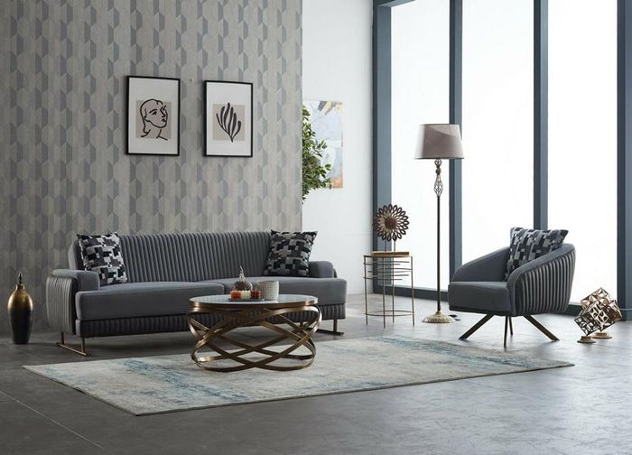 Komplette Polstersofa Sessel Dreisitzer Stoffsofa Grau Sofa 2tlg Set