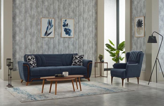 Gruppe Couch Dreisitzer Sessel 3 Sitzer Stoffsofa Polstersofa Blau Set