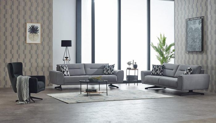 Garnitur Dreisitzer Sessel Couch Stoff 3tlg Polstersofa Sofa Grau Set