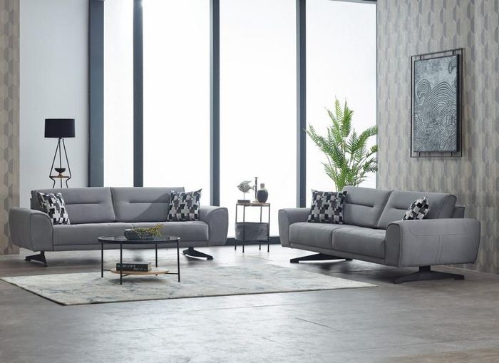 Komplette Couchgarnitur Polstersofa Dreisitzer Stoff Grau Sofa 2tlg