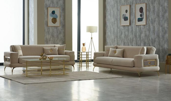 Luxus Sofagarnitur Dreisitzer Sofa Stoffsofa Polstersofa Beige 2tlg