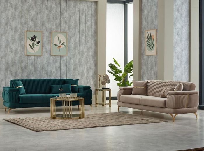 Couchgarnitur Dreisitzer Polstersofa Stoffsofa 2tlg Grün Beige Sofas