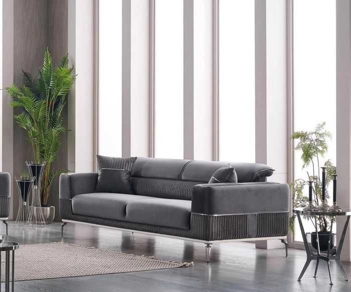 Grau Sofa 3 Sitz Dreisitzer Luxus Couch Grau Möbel Polster Textil Samt