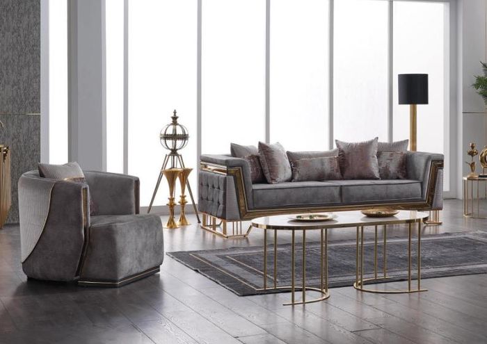 Grau Sofagarnitur 3+1 Sitzer mit Edelstahl Couch Sofa Polster Set 2tlg