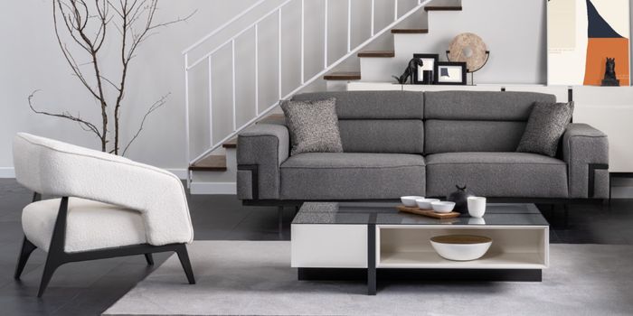 Grau-Weiße Polster Garnitur Wohnzimmer 3-Sitzer Sessel Holz Couchtisch