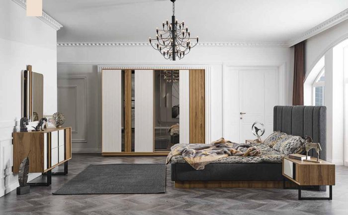 Komplettes Schlafzimmer Set Bett Nachttisch Kleiderschrank Kommode Design 5 tlg.
