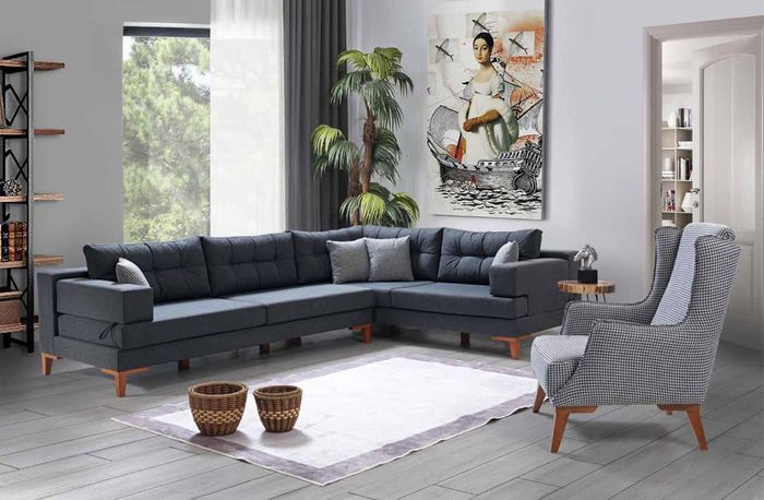 Graue Wohnzimmer Sofagarnitur L-Form Ecksofa Designer Sessel 2tlg Set