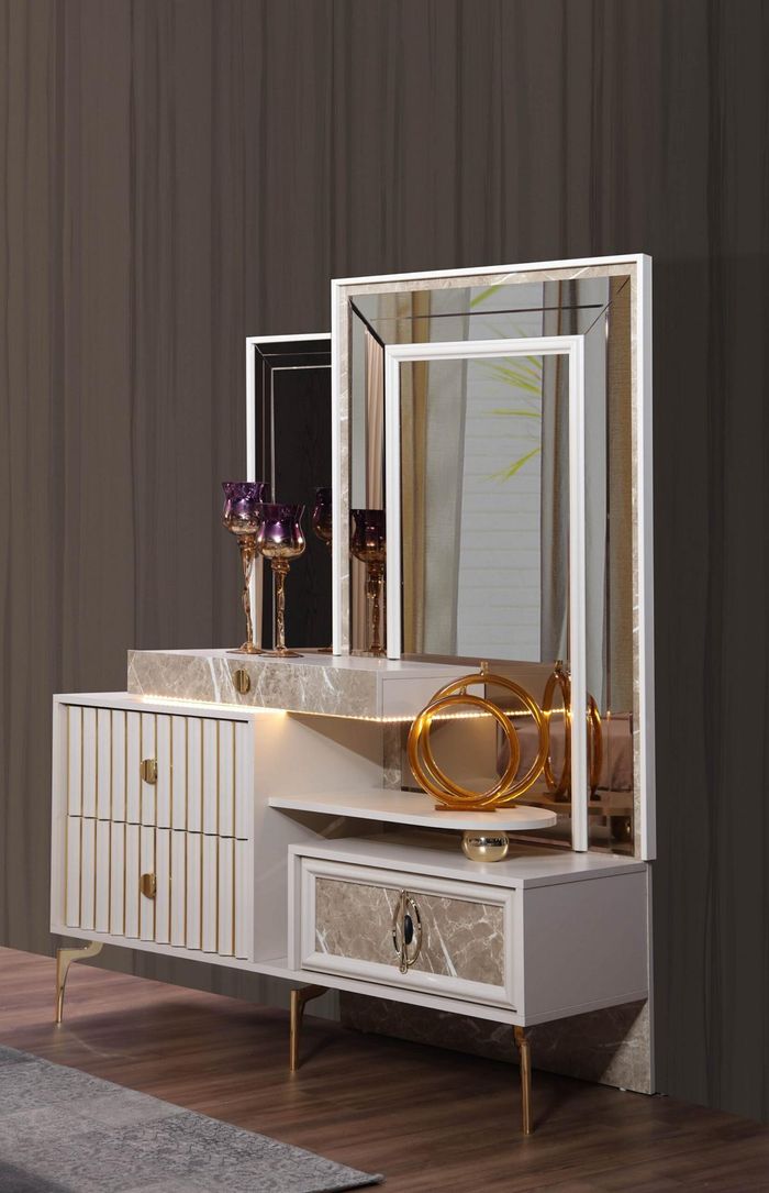Weißer Schminktisch Schlafzimmer Designer Holz Konsole mit Spiegel Neu