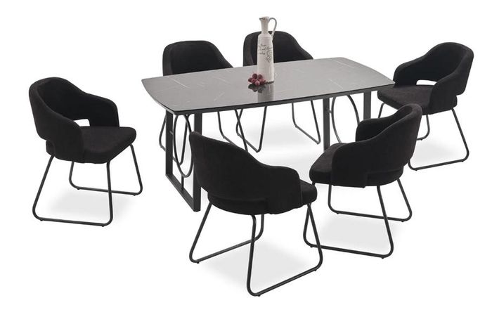 Esszimmer Set Schwarz Holzarbeitsplatte Tisch gepolsterte Stühle Sitz