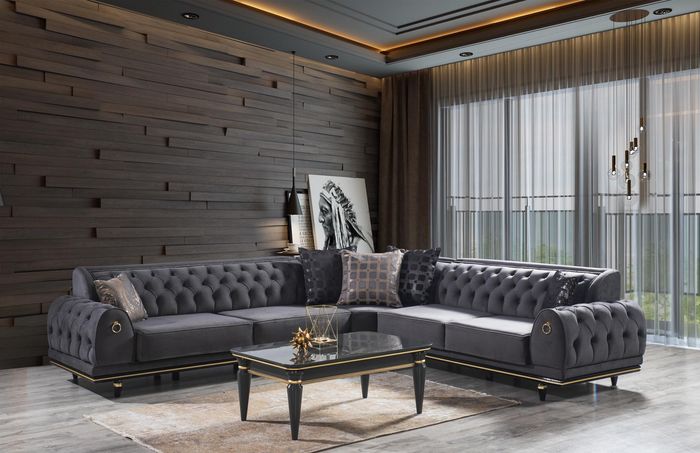 Großes L-Form Ecksofa aus Holz und Textil in modernem Design