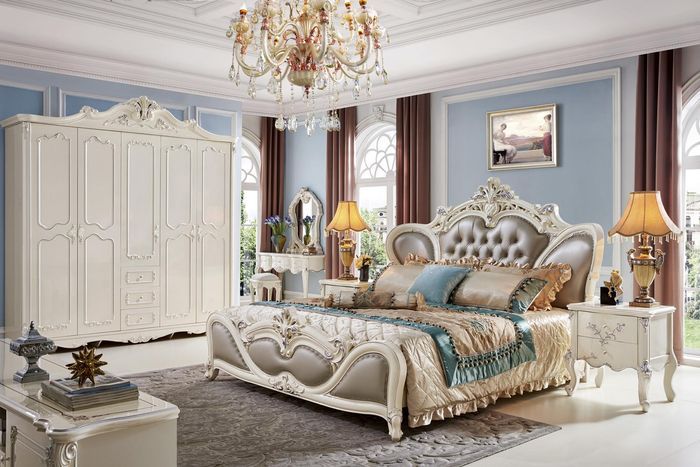 Chesterfield Echtholz Bett Nachttisch 3tlg.Schlafzimmer Set Luxus Komplett Möbel