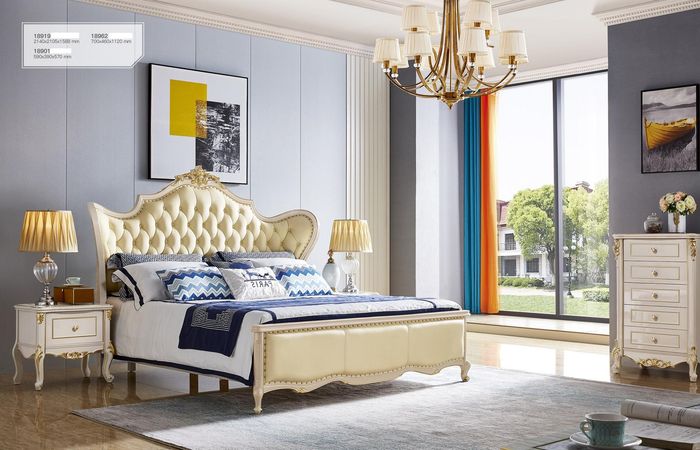 Luxus Chesterfield Echtholz Schlafzimmer Bett Nachttisch 3tlg.Set