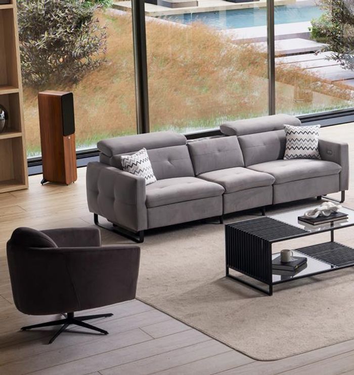 Sofa Couch Wohnzimmer Set Sofagarnitur 3+1 Grau Stoff Sofas Möbel set