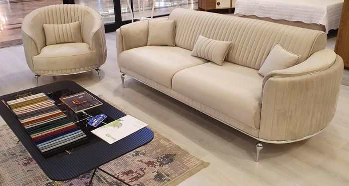 Sofagarnitur Wohnzimmer Möbel Textil Weiß Sofa Set 3+1 Sitzer Modern Design