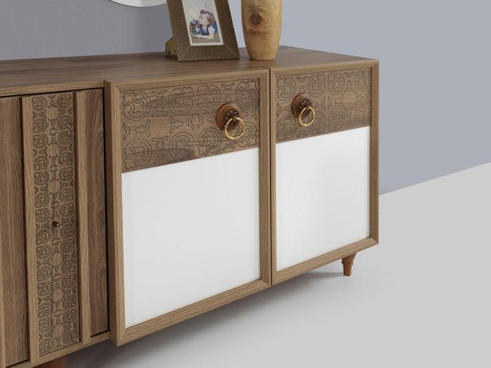 Wohnzimmer Anrichte mit Spiegel Garnitur Holz Braun Neu Modern Luxus