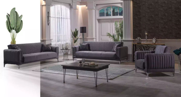 Moderne Graue Couchgarnitur 3+3+1 Sitzer Samt Sessel Wohnzimmer Möbel