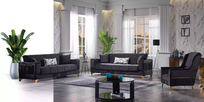 Schwarze Sofagarnitur 3+3+1 Sitzer Couchen Stoff Sitzmöbel Sessel Sofa