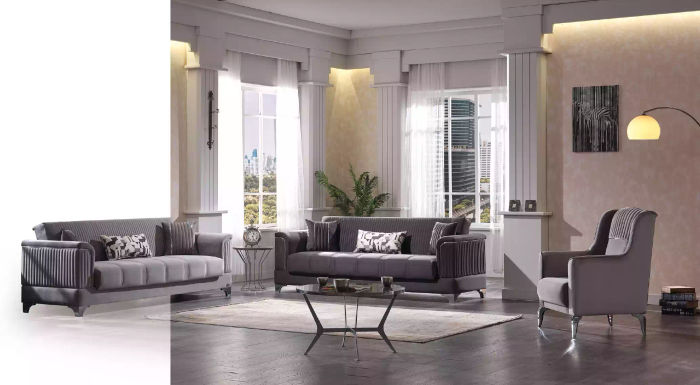 Graue Polster Sofagarnitur Textil Couchen 3+3+1 Sessel Design 3tlg Neu