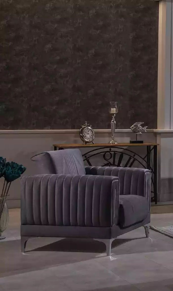 Grauer Sessel Polster Einsitzer Wohnzimmer Möbel Holzgestell Textil