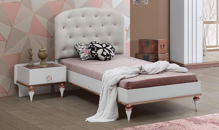 Bett Gepolstertes Kopfteil Nachttisch Modern Elegantes Design Weiß Kinderzimmer