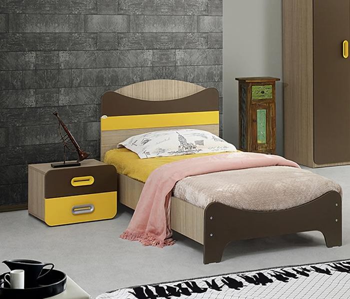 Modernes Bett Kopfteil Nachttisch Design Gelb Braun Akzente Schlafzimmer Möbel