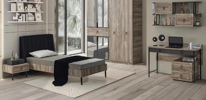 Set Bett Nachttisch Schreibtisch Modernes Design Schwarz Kinderzimmer 3-teilig