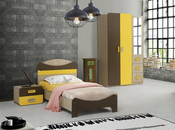 Modernes Set Bett Nachttisch Kleiderschrank Gelb Braun Design Kinderzimmer Möbel