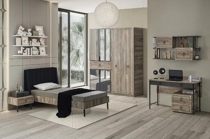 Set Bett Nachttisch Schreibtisch Kleiderschrank Modernes Design 4-teilig Möbel