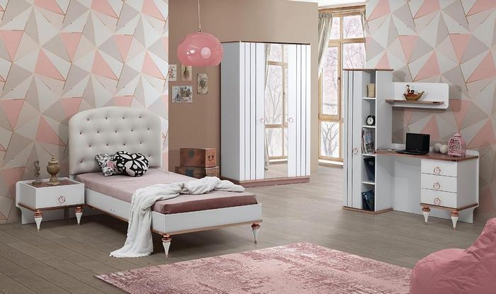 Set Bett Nachttisch Schreibtisch Kleiderschrank Modern Stil Weiß Kinderzimmer