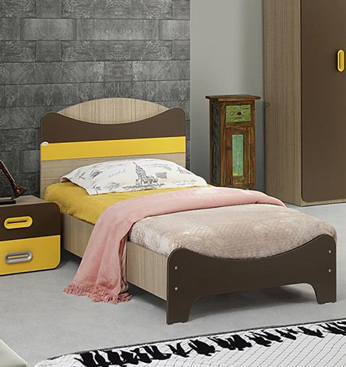 Bett mit Kopfteil Modernes Design Farbakzente Gelb Braun Kinderzimmer Möbel